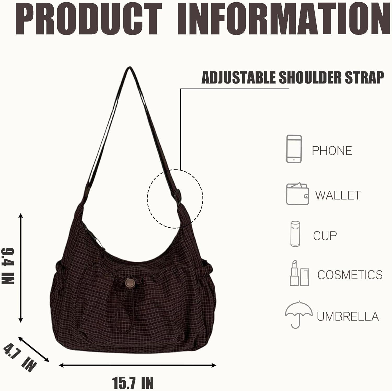 Plaid Purse Crossbody Bags, Nylon Slouchy Hobo Crossbody Bag, Cute Messenger Bag for Women, Brown Crescent Crossbody Purse, Trendy Everyday Fall Purse for Aesthetic - Image 4