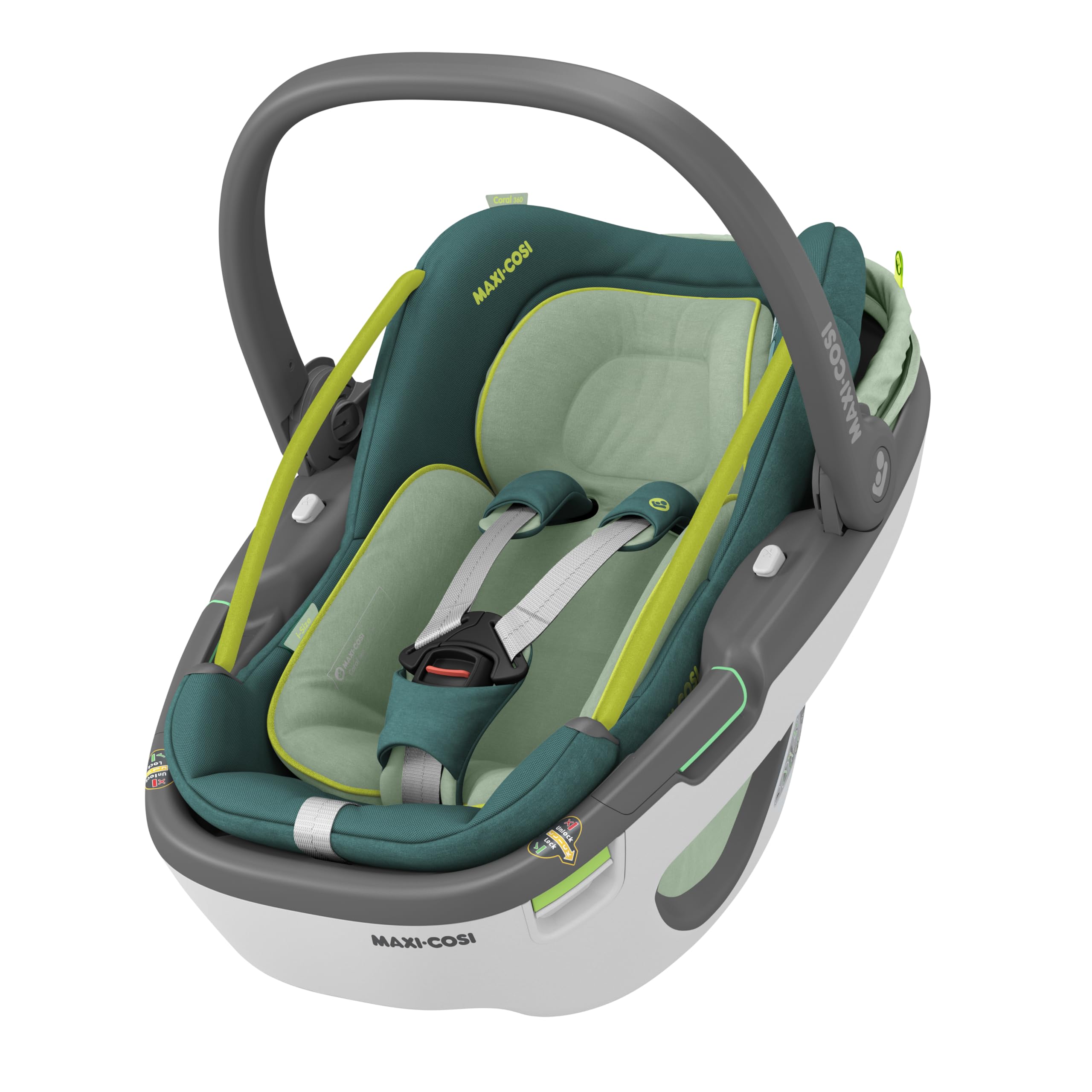Maxi-Cosi Coral 360 i-Size, Siège-auto bébé, Siège-auto nouveau-né 360, 0 à 12 mois (40 à 75 cm), Rotation à une main, Nacelle ultra légère, Protection G-CELL, Grand canopy pare-soleil, Neo Green