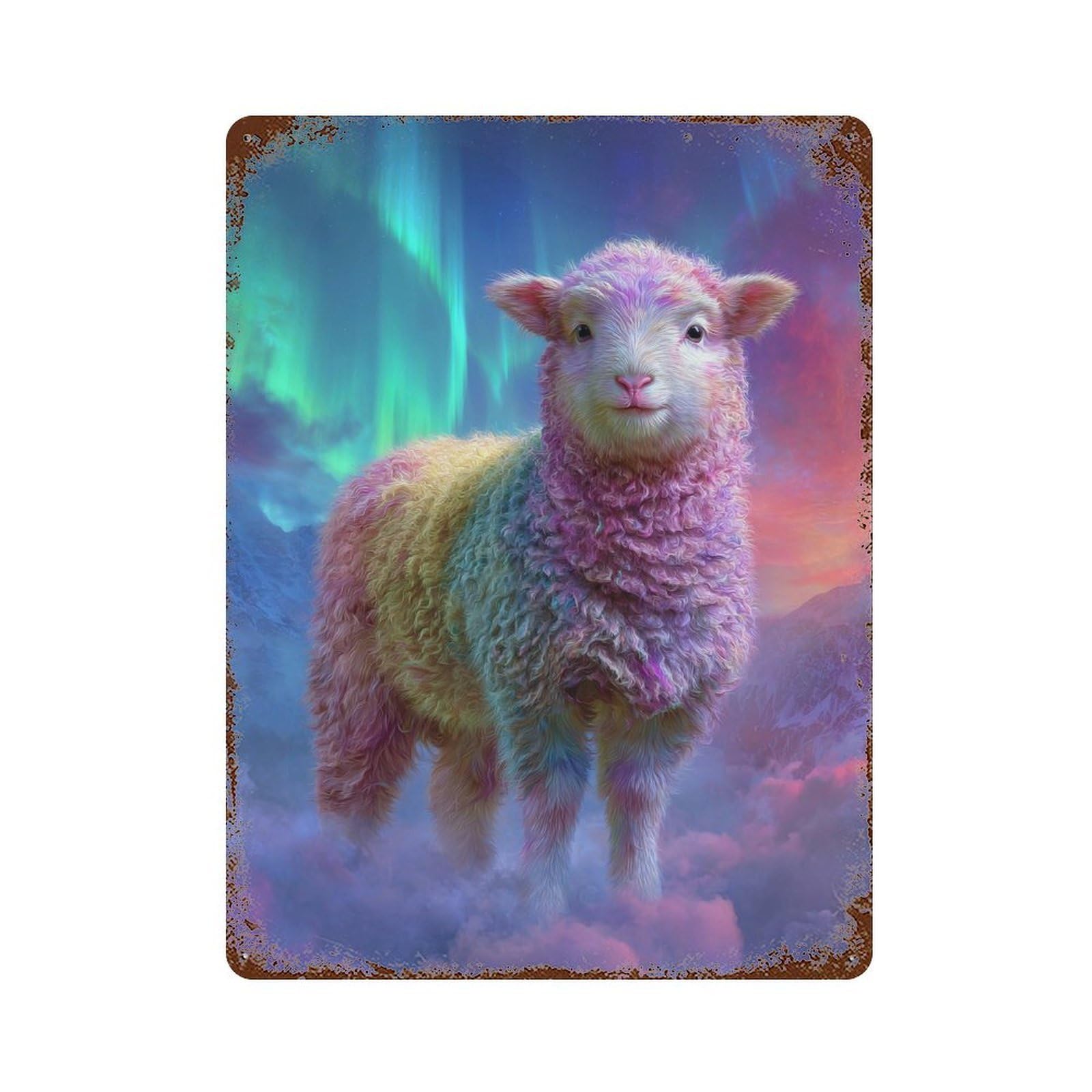 Rainbow Sheep in Aurora Sky Rustic Tin Plaque 15.7"x11.8", Vintage Wall Decor for Garage, Pub Or Kitchen