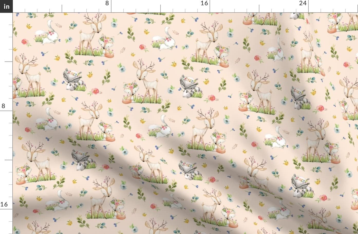 Spoonflower Fabric - Woodland Friends Blush Deer Fox Raccoon Flowers Girl Nursery Girls Printed on Organic Cotton Sateen Fabric by The Yard - Sewing Quilting Apparel Home Decor