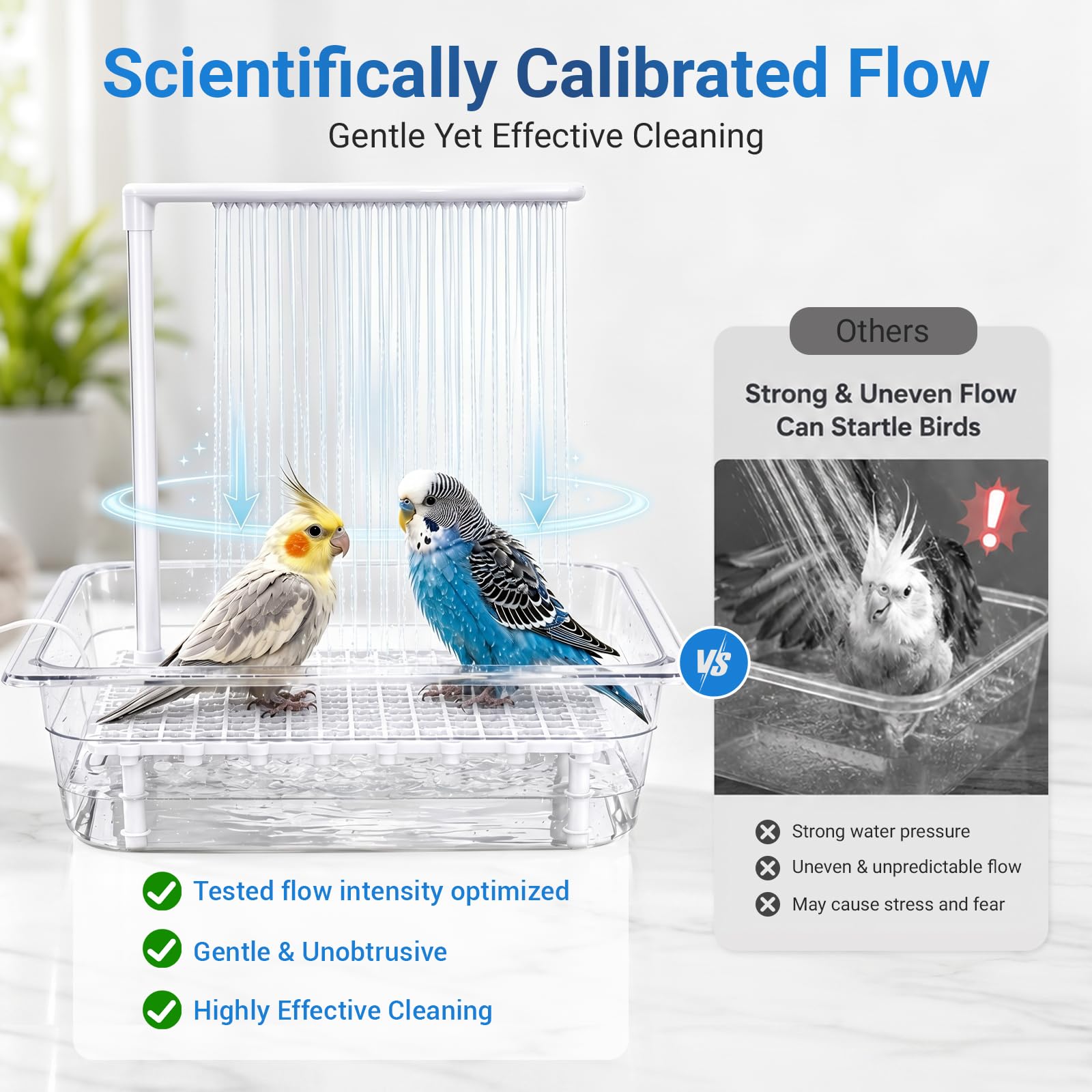 Vogeldusche Wellensittich - Vogel Badewanne mit Dusche - USB-betriebenes Vogelbad mit Wasserzirkulation - Vogel Badehaus mit Rutschfester Boden für Wellensittiche und Kleine Vögel