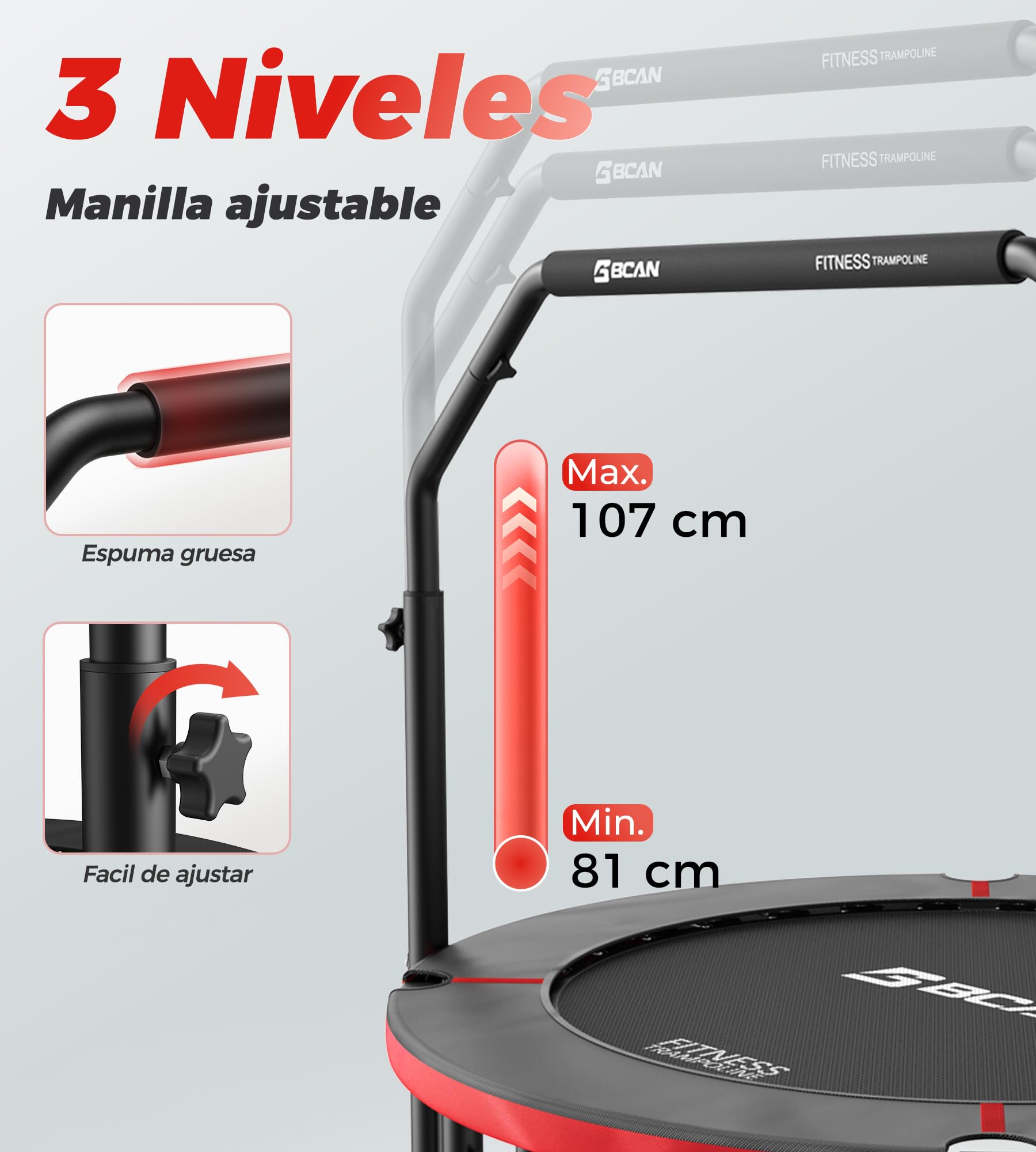 Trampolín de Interior BCAN, Mini trampolín de Fitness Plegable de 102 cm, para Adultos con asa Ajustable, Carga máxima de 150 kg, Ideal para Entrenamiento en casa y Ejercicio.