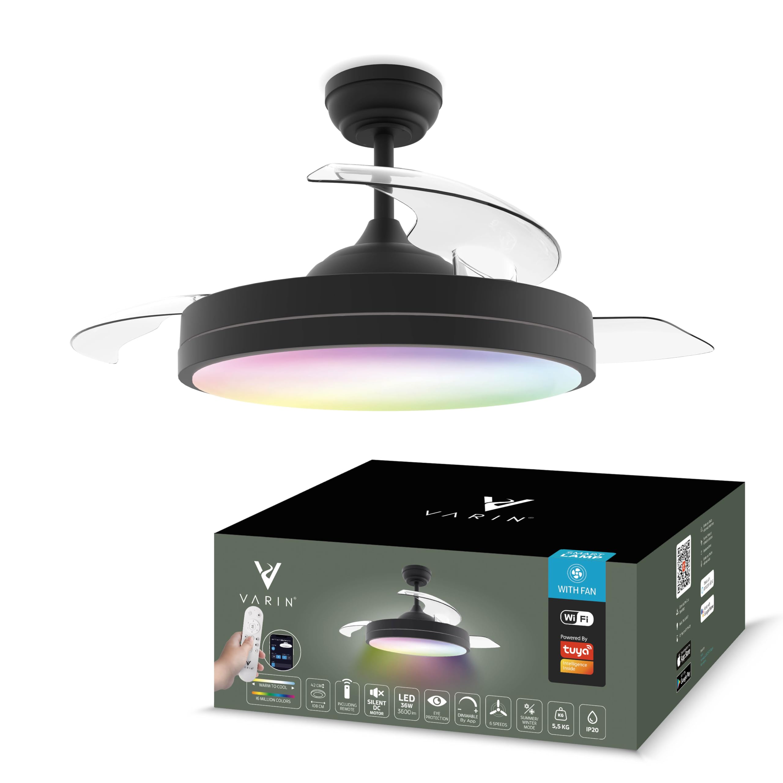 Varin® Smart Deckenventilator mit Beleuchtung, Tuya WLAN, Ventilator Leise 20dB, LED 36W RGBW, Fernbedienung, Einziehbare Flügel, Ventilator Lampe Decke, Ø 50 cm/108 cm, Schwarz