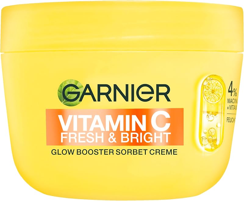 Garnier Vitamin C Fresh & Bright Glow Booster Sorbet Creme – Gesichtspflege mit 4% Niacinamid & Vitamin C für strahlenden Glow – Feuchtigkeitscreme gegen dunkle Flecken & Pigmentflecken – 50ml