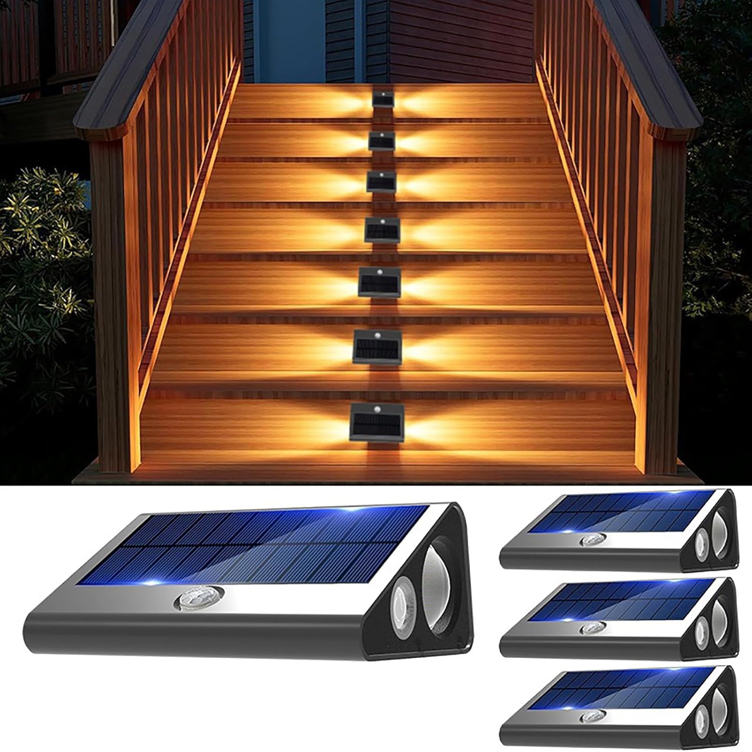 Aolyty Solar Step Lights Outdoor, LED Motion Sensor Stair Light, 4 Pack IP65 Waterproof Night Lamp for Garden, Pathway, Fence, Yard Decorative (3CCT)
