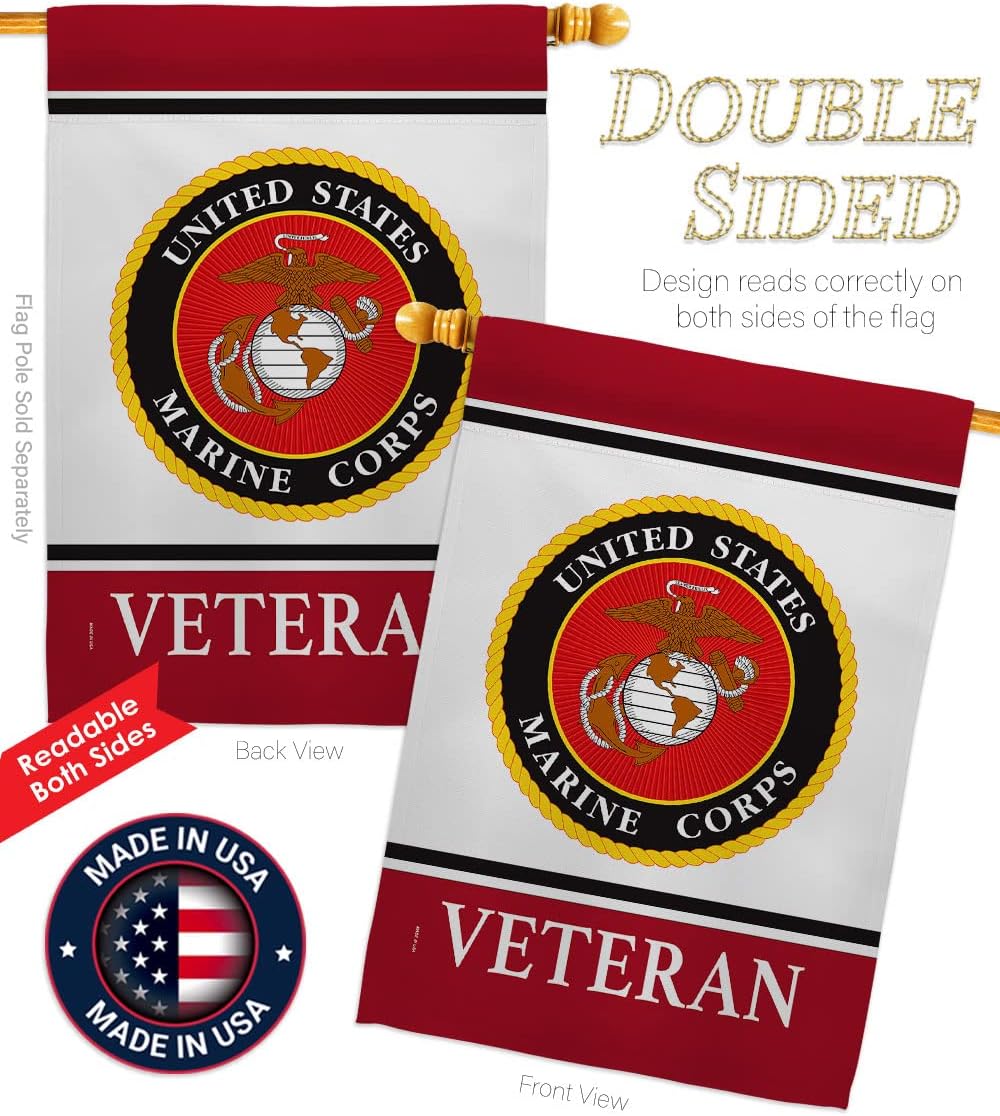 Marine Corps Veteran House Flag - Dowel Set Armed Forces USMC Semper Fi United State American Military Retire Official - Decoration Banner Small Garden Yard Gift Double-Sided Made in USA 28 X 40