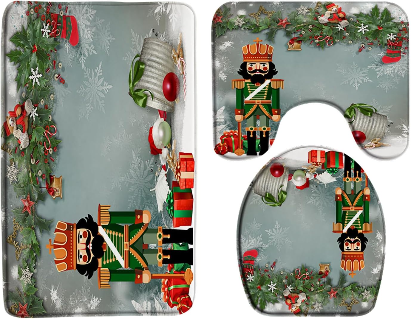 GCTNBJL Christmas 3 Piece Bath Mat Sets,Black White Xmas Tree Golden Snowflake Winter Cute 24"x36" and 24"x48" Bathroom Memory Foam Rug,U-Shaped Toilet