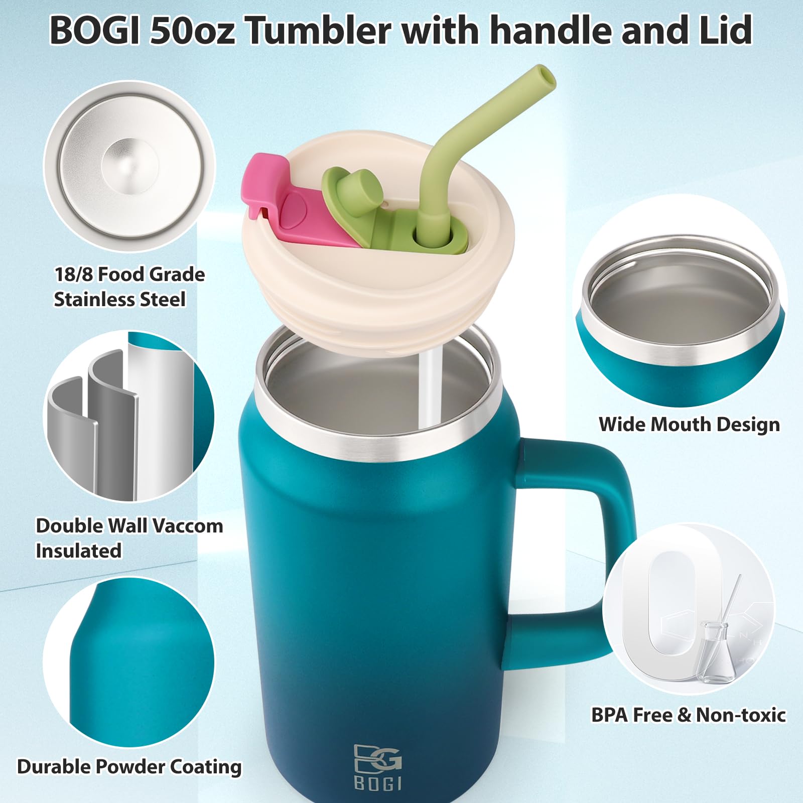 BOGI 50oz Tumbler with Straw and Lid,Large Capacity Travel Mug with Handle Insulated Stainless Steel Water Bottle Cup Keep Cold and Hot for Tea Coffee Leak-Proof - Image 4
