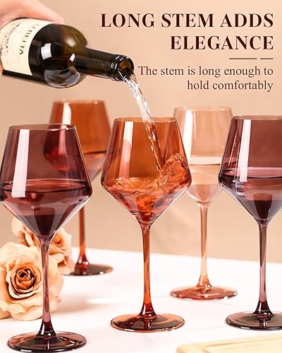 Miniatura 4 de Venus - Juego de 6 copas de vino de colores 17.5 sopladas a mano, copas de vino marrón con tallos altos y largos, elegante cristalería de color