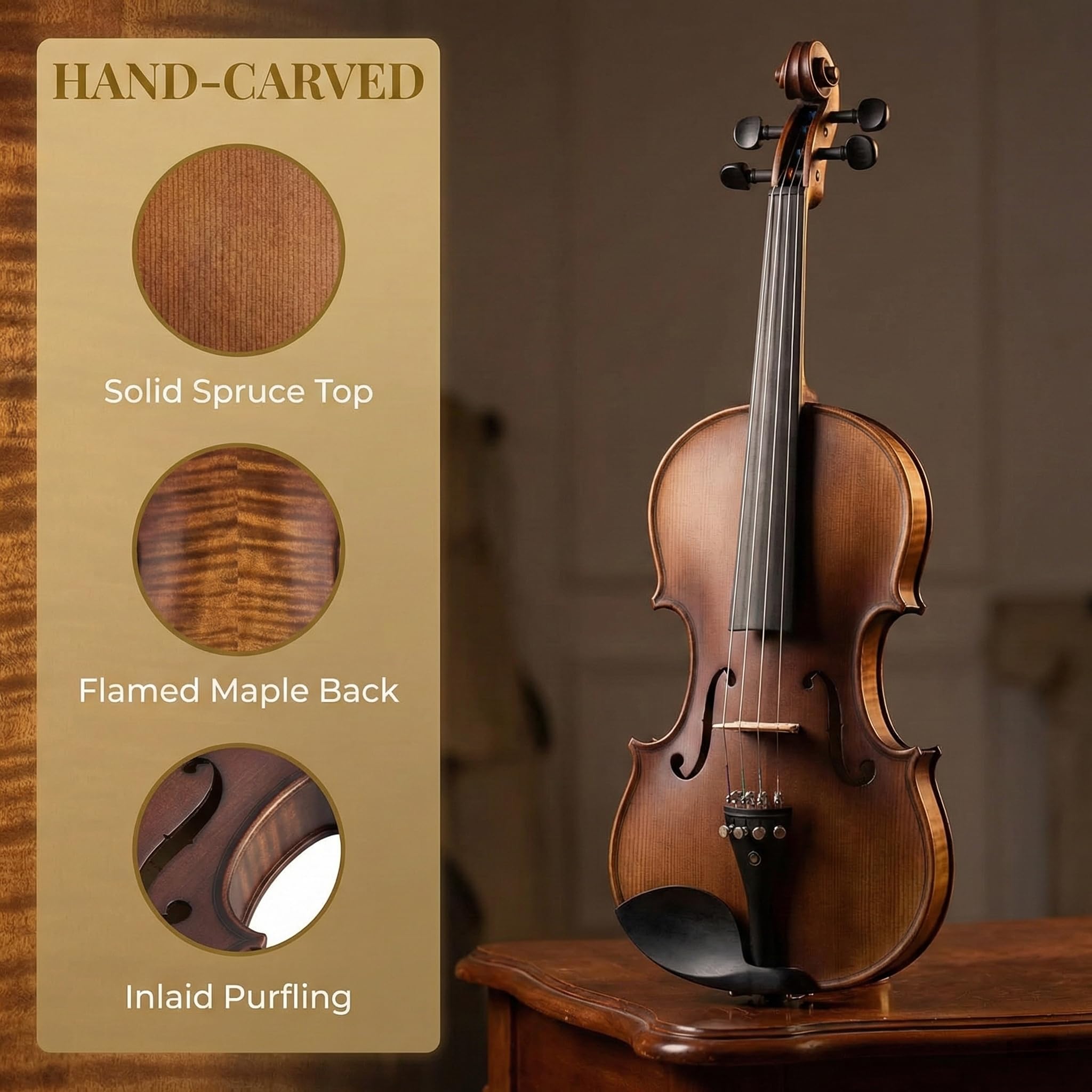 Violine 4/4, Handgefertigt aus Massiv-Fichten- & Ahornholz mit Ebenholz-Griffbrett - Komplettset mit Hartschalenkoffer, Bogen & Zubehör für Anfänger und Fortgeschrittene