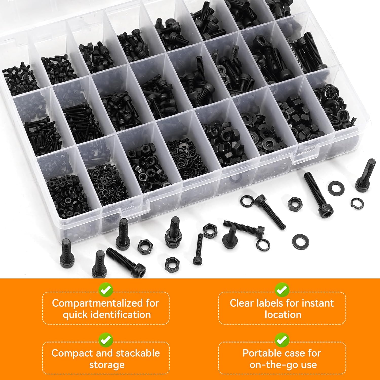 1760PCS Nuts and Bolts Assortment Kit, M2 M3 M4 M5 Metric Screws with Lock & Flat Washers, 12.9 Grade Alloy Steel Hex Socket Head Cap Black Zinc Rust-Proof Set Screw with 4PCS Hex Wrenches