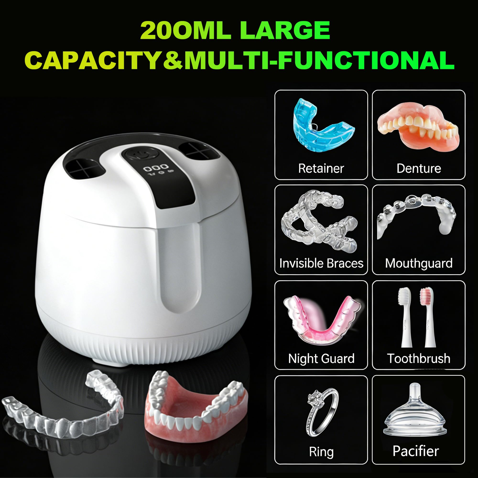 Macchina pulitore ad ultrasuoni 48 kHz, 200 ml Pod per la pulizia dentale per fermi, allineatori, paradenti, testine per spazzolino da denti, gioielli, pulitore portatile per protesi