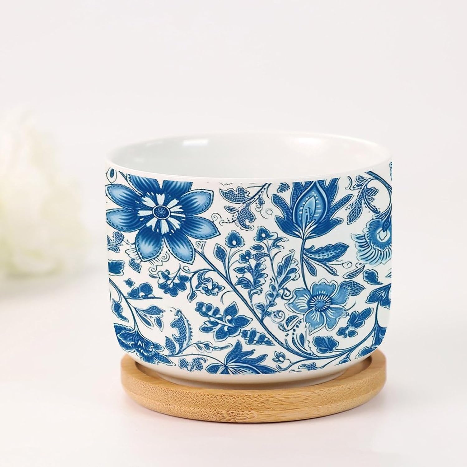 Set of 5 Chinoiserie Style Blue Flower Small Flowers Pots Indigo Blue Peony Rose Floral Ceramics Planters with Drainage Holes Chinoiserie Style Garden Decor Succulent Pot