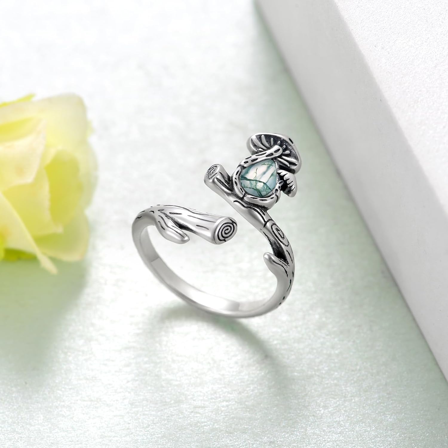 Mushroom Ring 925 Sterling Silver Moss Agate Ring for Women Mushroom Moss Agate Jewelry Gifts for Women Mom Wife - Image 3
