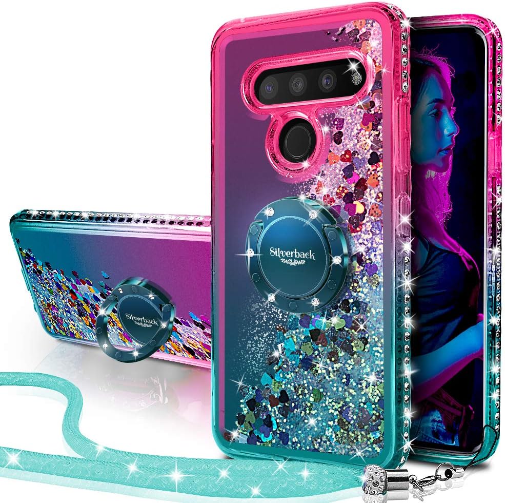 Silverback LG V50 ThinQ Case, LG V50 Case, Moving Liquid Holographic Sparkle Glitter Case with Kickstand, Bling Diamond Rhinestone Bumper with Ring Stand Slim Protective Case for LG V50 ThinQ -Green