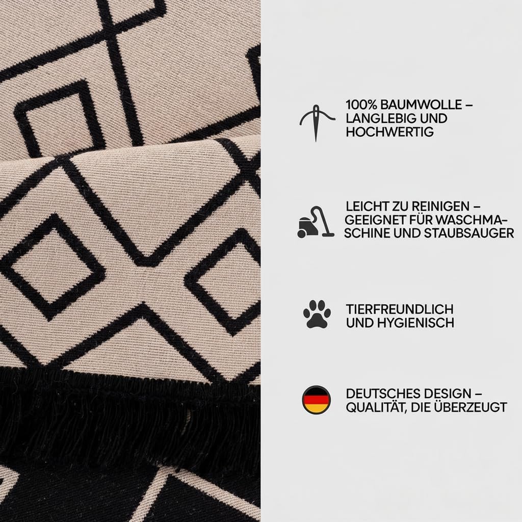 Jimri Teppich Läufer - Tepiche für Wohnzimmer, Schlafzimmer, Küche, Kinderzimmer, Badezimmer - Boho Kelim - Läufer Flur, Schwarz-Beige, Größe: 160x230 cm