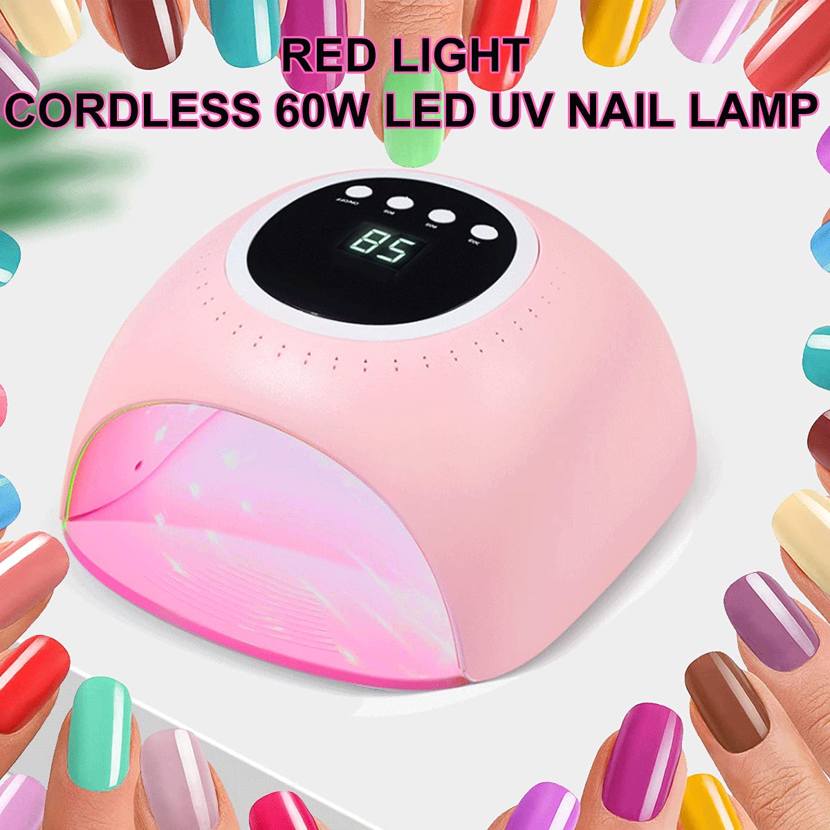 Lampada UV LED per Unghie 60W Cordless per Unghie, Luce UV Ricaricabile con Impostazione 4 Timer, Display LCD, Rilevamento Automatico, Funzione di Sbiancamento a Luce Rossa Strumenti per Nail Art (L