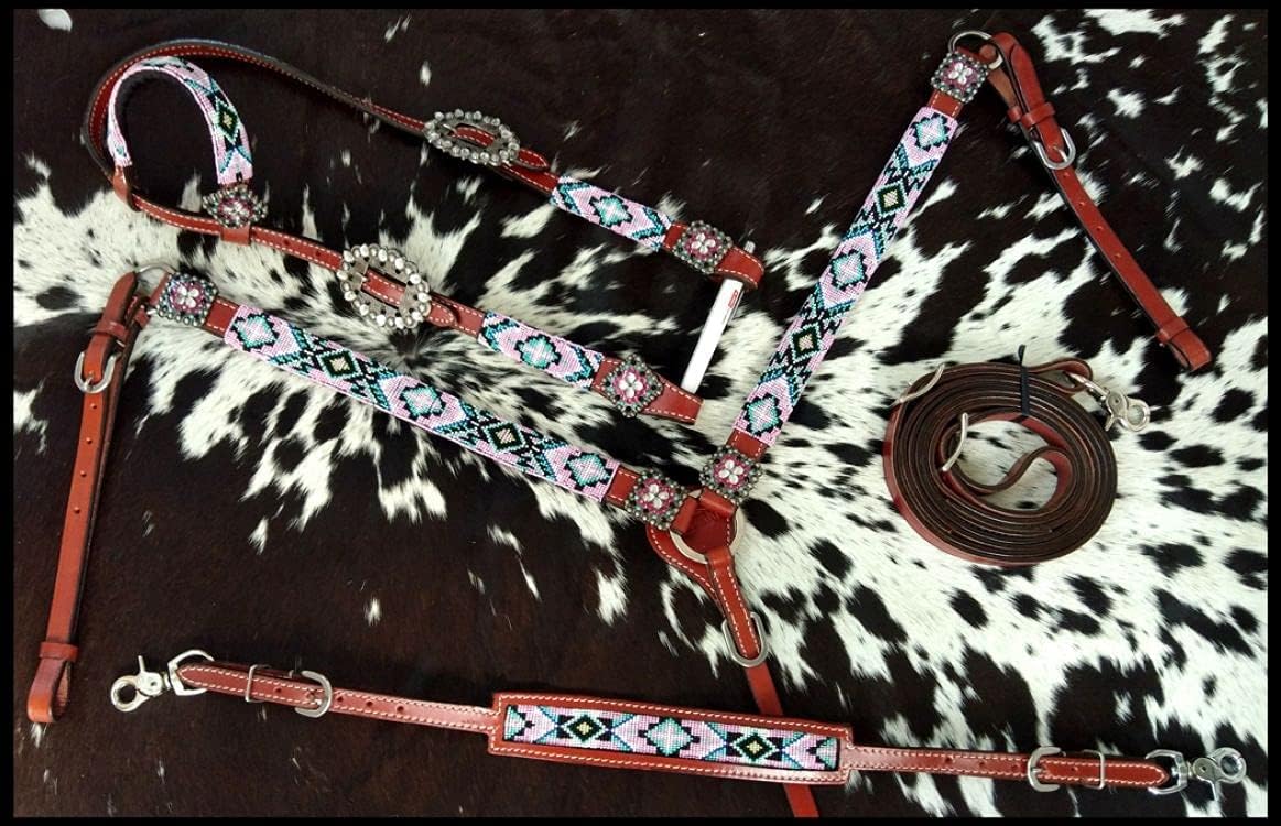 Showman Leather Headstall & Breast Collar Set w/Pastel Beaded Southwest Design