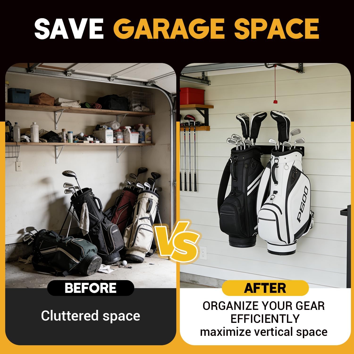 Golf Bag Wall Mount for Garage, with Anti-Slip Hooks, Wall Mount Golf Bag Holder, Space Saving Heavy-Duty Wall Mount Organizer for Golf Bags & Accessories, 2 Pack