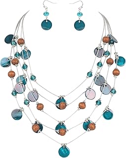 Firstmeet Handmade Multi-Layer Round Shell Wooden Beads Necklace with Earrings