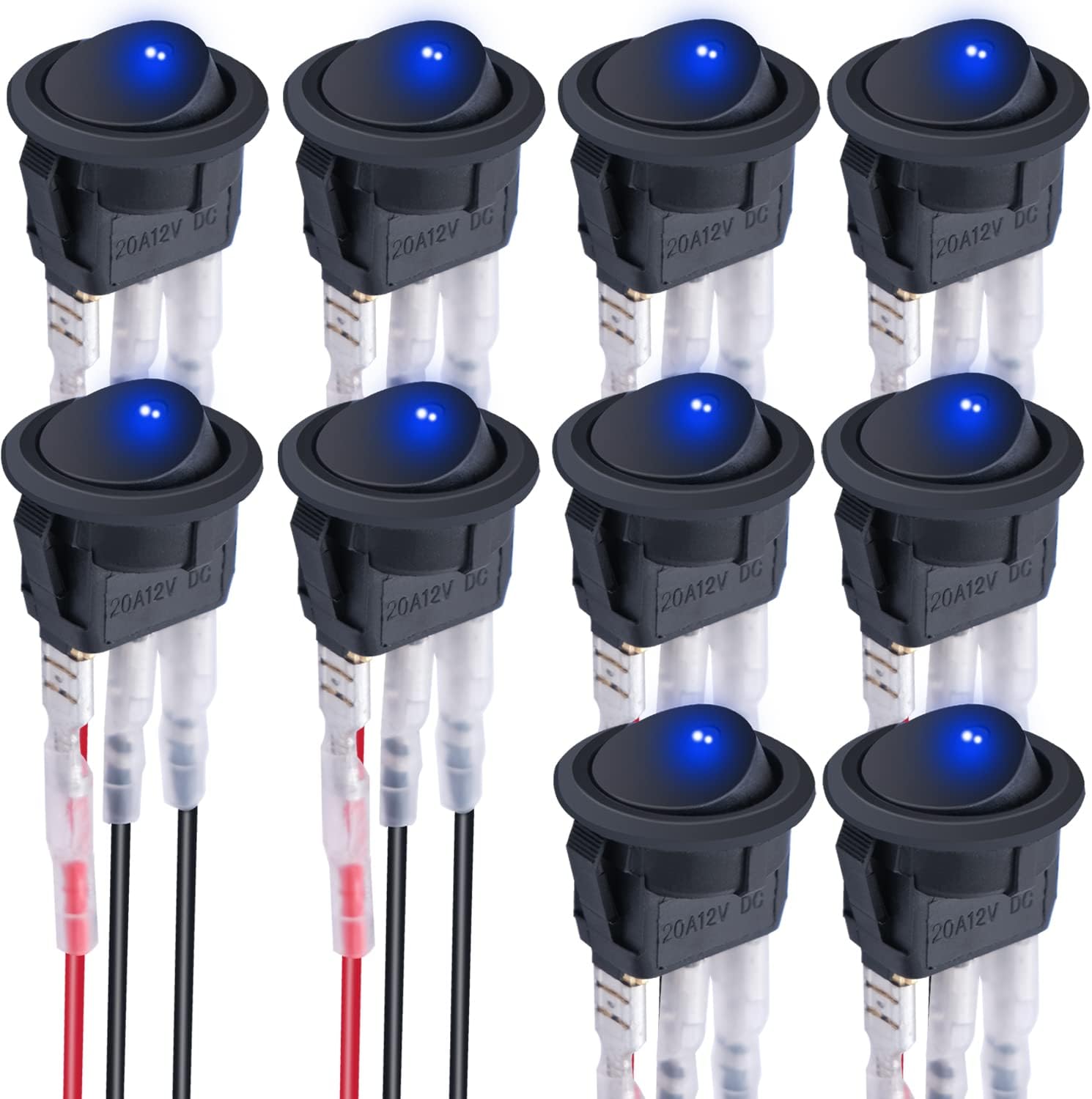mxuteuk 10pcs 12V 20A Round Toggle LED Switch Blue Light with wire for