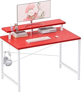 Pamray 32 Inch Small Computer Desk with Monitor Stand, Simple Office Desk with Headphone Hook for Small Spaces, Kids Study Writing Table for Bedroom, Red