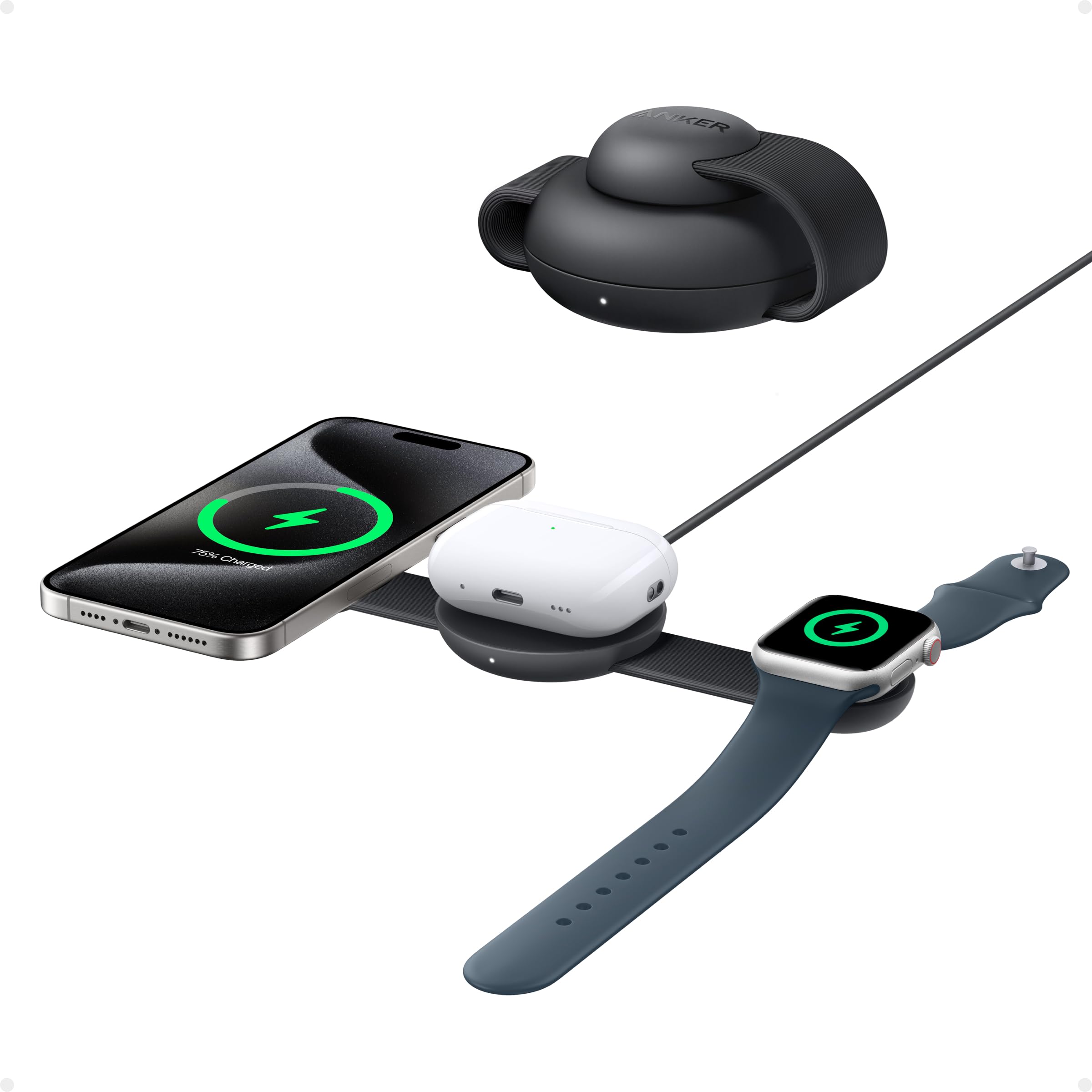 Stazione di ricarica wireless 3-in-1 Anker MagGo 15W, compatibile con MagSafe, certificato Qi2, pieghevole e portatile per iPhone 16/15/14/13, AirPods, Apple Watch e altro (caricatore USB-C incluso)