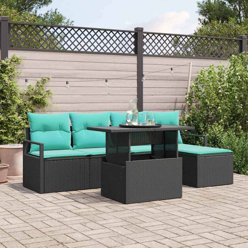 Set di divani da giardino con cuscini, 6 pezzi, colore nero e blu, per terrazza, balcone, giardino, veranda, con imbottiture e schienali, per rilassarsi all'aperto
