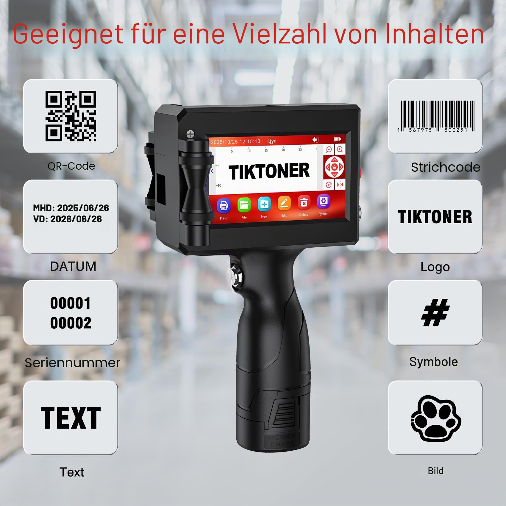 TIJ2510 Tragbarer Handdrucker mit Schnell Trocknender Tintenpatron Hand Tintenstrahldrucker 4,3 Zoll Touchscreen für Text QRCode/Barcode/Chargennummer/Datum/Bild
