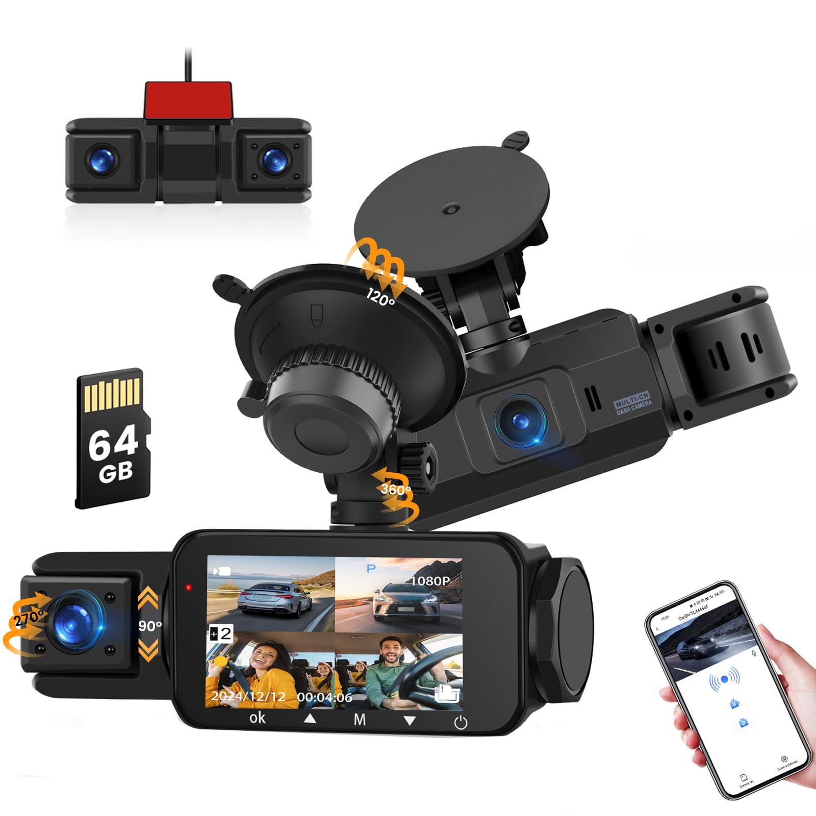 Roinvou Dashcam samochodowa kamera samochodowa 4K + 1080P, WiFi 3", IPS, 64 GB, noktowizor, monitor parkowania, szeroki kąt widzenia 170°, czujnik G, nagrywanie pętli