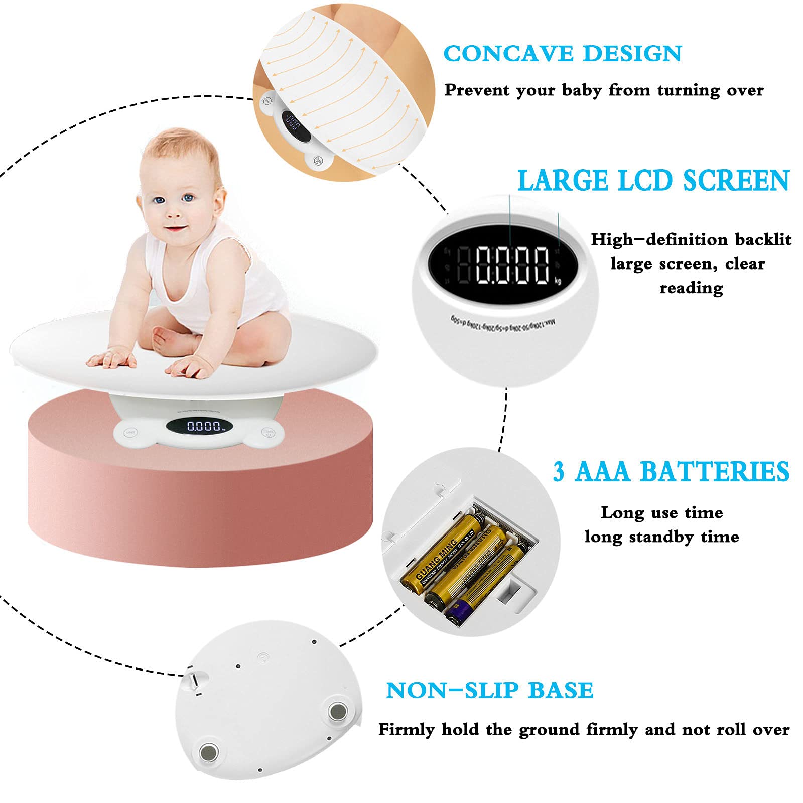 BáScula para Mascotas,BáScula Bebe,BáScula para BebéS con FuncióN De RetencióN Pantalla LCD con Pilas(MáX:120Kg) Blanco.
