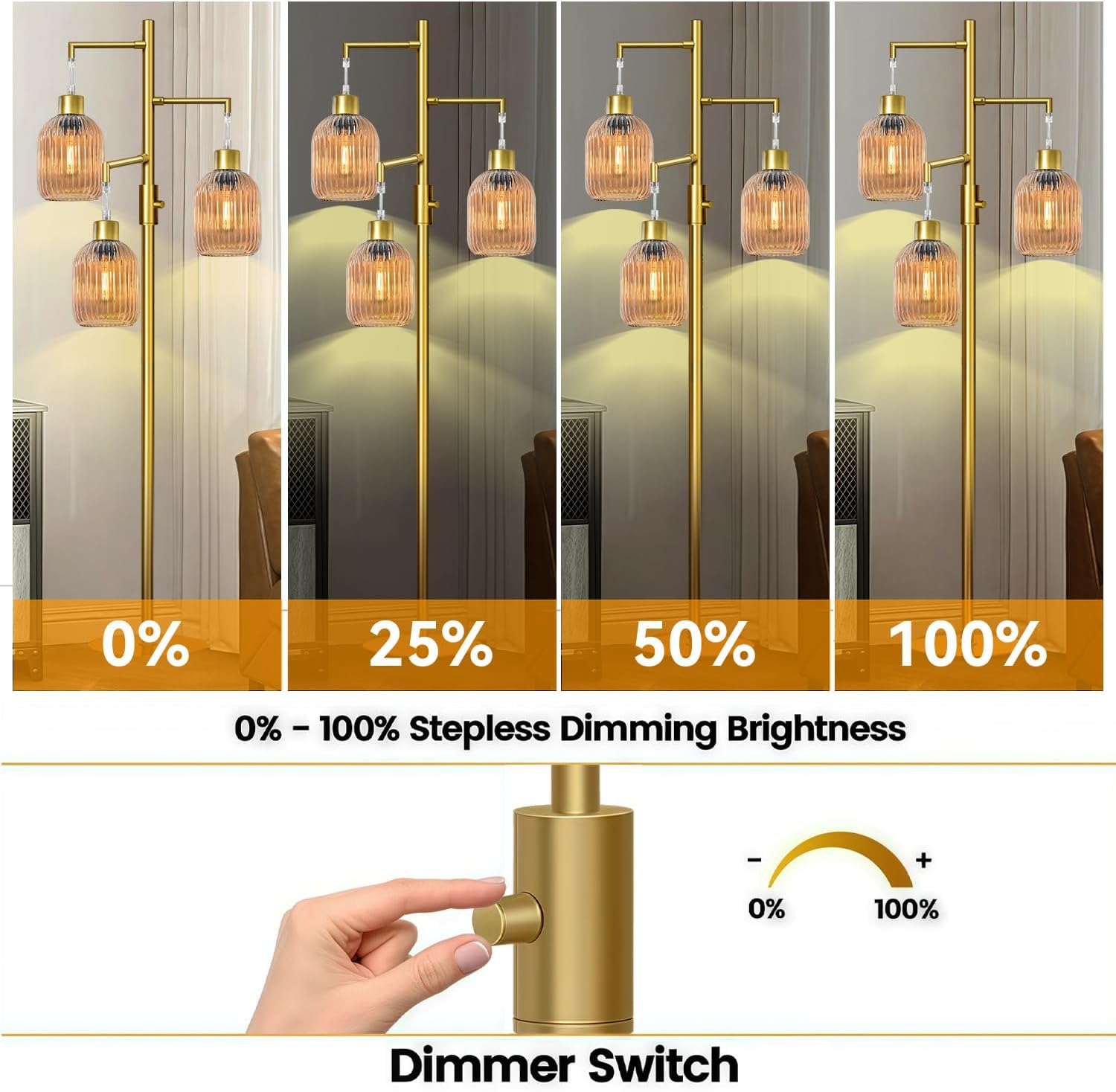 Modern Floor Lamp for Living Room, Dimmable Glass Standing Lamp Vintage Retro 3 Lights Tall Floor Lamps with Amber Lamp Shade Mid Century Tree Lamp, 3×6W Bulbs Included