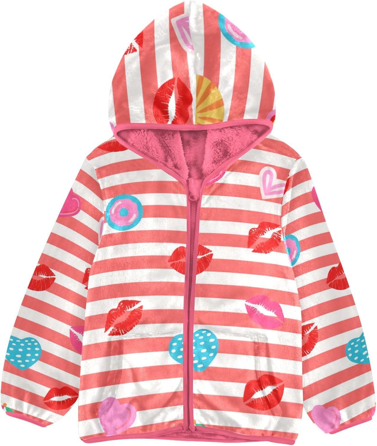 Red White Striped Heart Lip Summer Toddler Girl Fleece Jacket Outerwear Jackets & Coats Baby Girls Hoodie 3T
