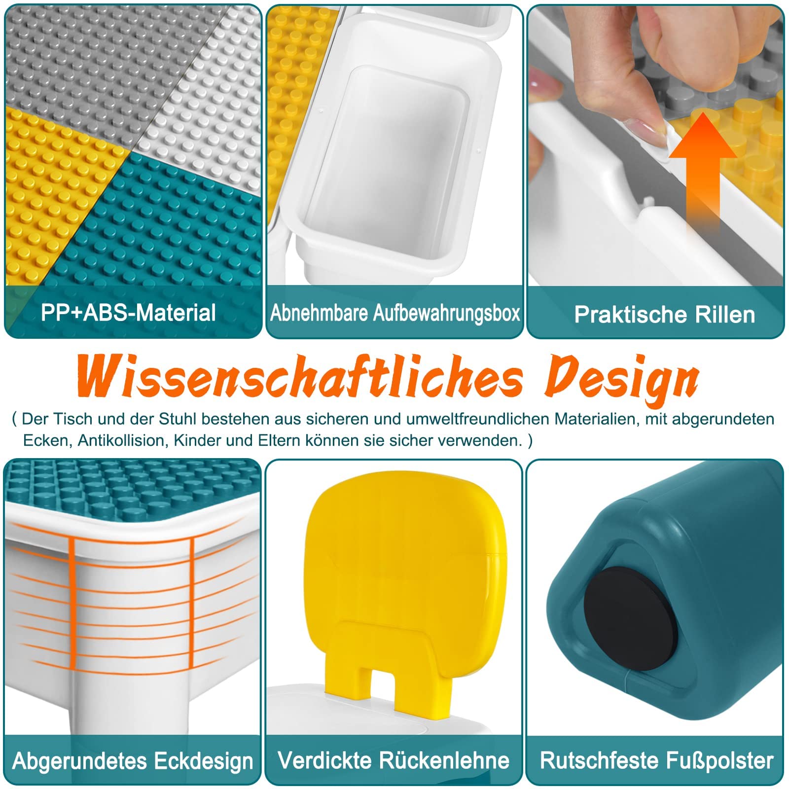 LZQ 6-in-1 Kinder Tisch Stuhl Set Spieltisch mit Stauraum Doppelseitige Höhenverstellbare Tischplatte