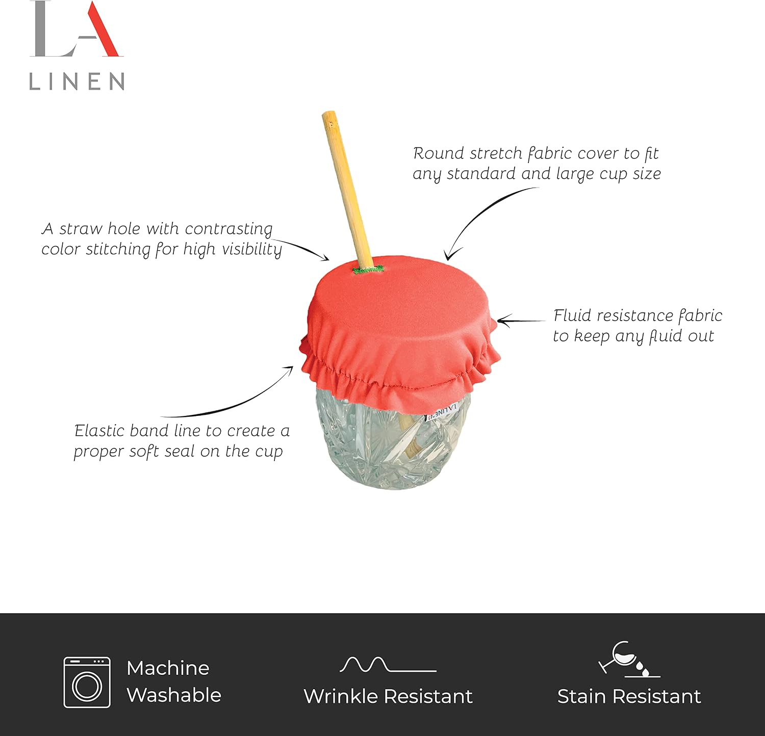 LA Linen Drink Cover, Stretch Safety Glass Cover with Straw Hole, Washable and Reusable, Prevent Spiking or Spilling, Keep Out Sand, Flies, Leaves, Pet Hair, 2 Pack, Coral