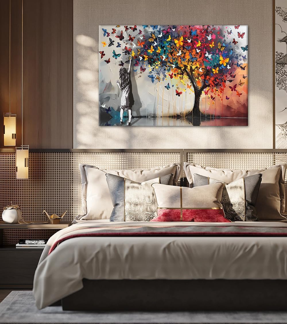 Canvas Trend Street Graffiti Canvas Wall Art Colorful Butterflies Little Girl Poster Banksy Positive Print Artwork Wall Decor for Living Room Bedroom Office Nursery Ready to Hand 24x36inch