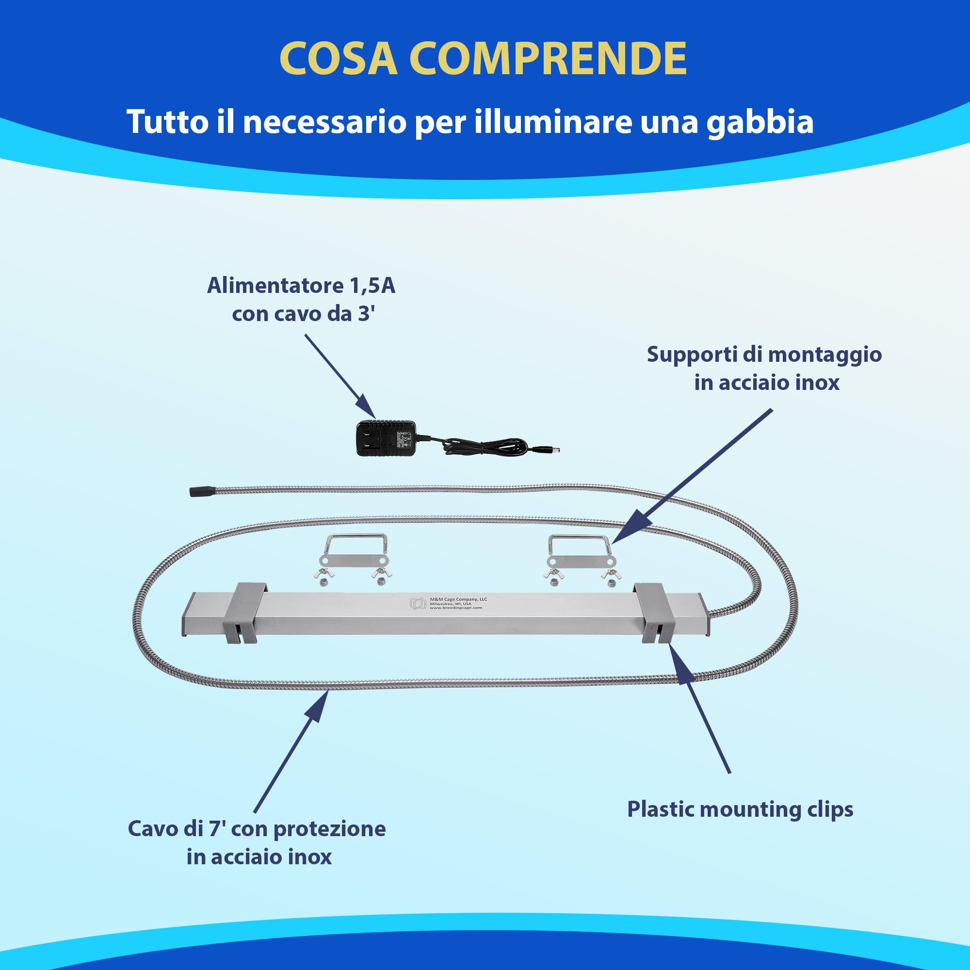 M&M Cage Company Luce per Gabbia HappyBird con Protezione Anti-Morso – LED a Spettro Completo – Illumina in Modo Naturale – Sicura per Pappagalli – Facile da Installare