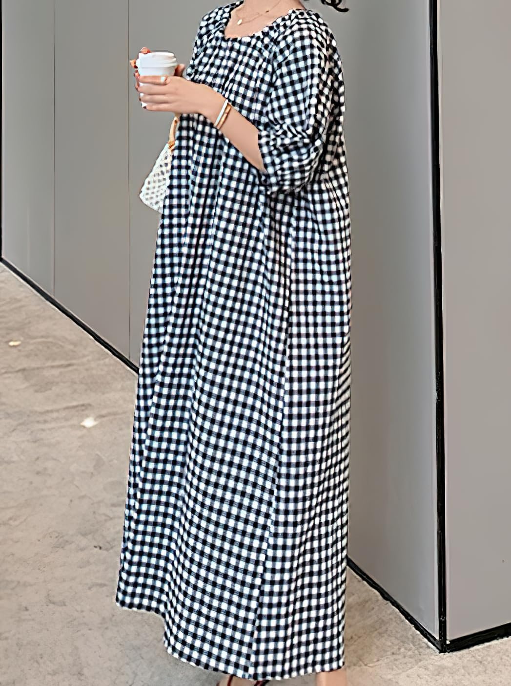 chouyatou Women's Casual Gingham Loose-Fit Swing Dress Cotton Lantern Puff Sleeve Plaid Midi Long Dress - Image 5