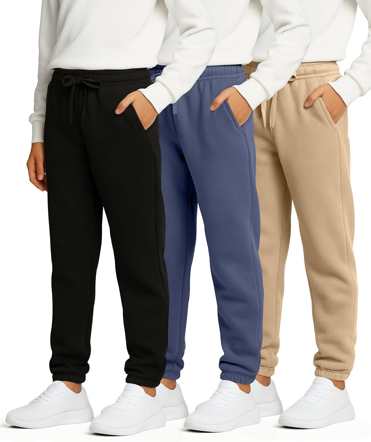 Real Essentials 3 Pack: Boys' Fleece Athletic Jogger Sweatpants - Kids Teens Active Athletic Pants with Pockets (Size 6-20)