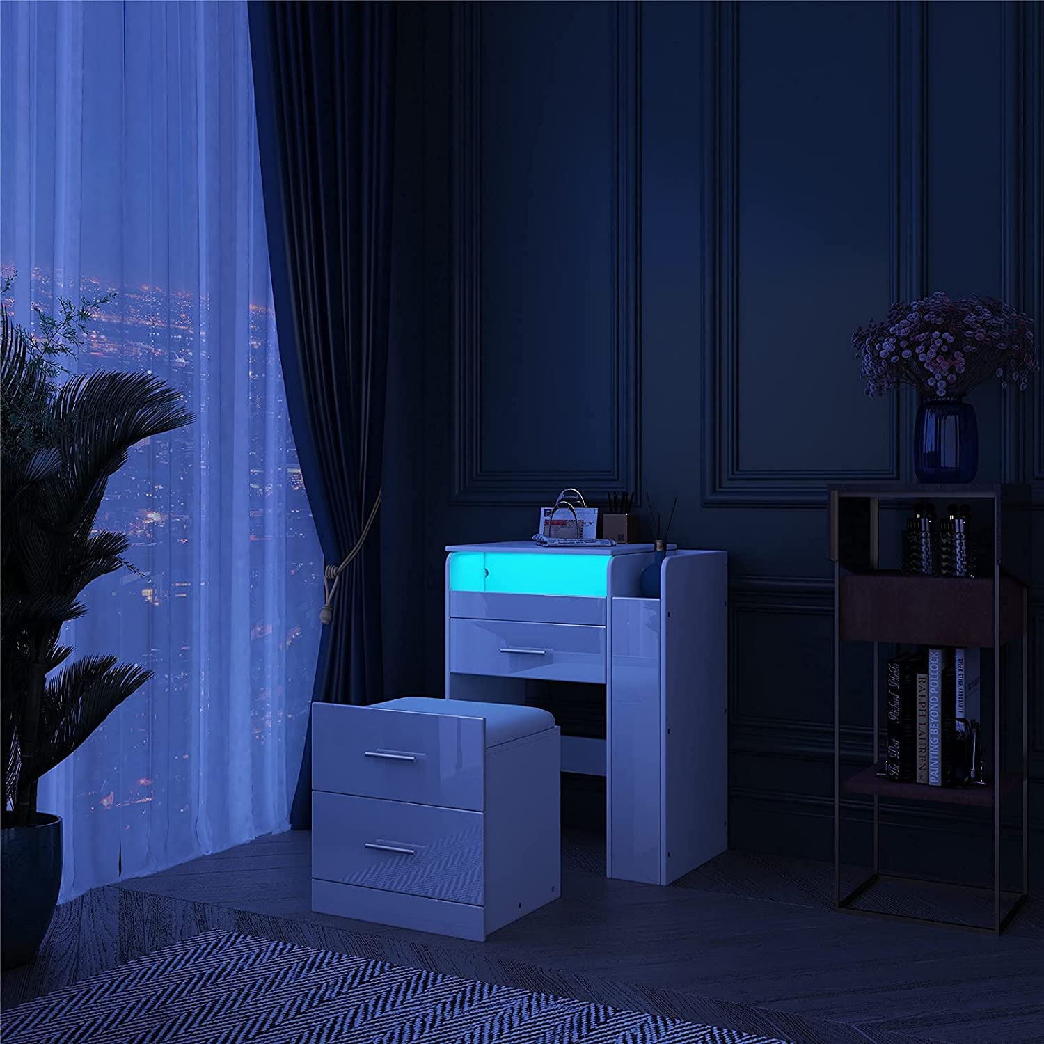 Schminktisch-Set mit LED-Lichtern, 90° Klappspiegel, 3 Schubladen & gepolstertem Hocker, Weiß, moderner Make-up-Schreibtisch für Mädchenzimmer