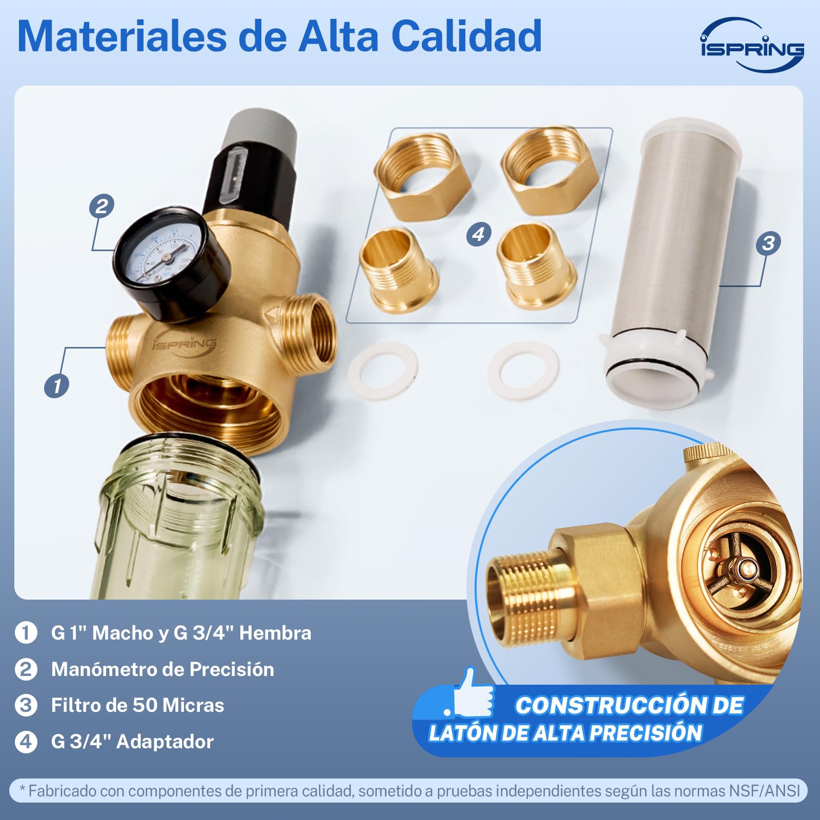 iSpring WSP50PRG Filtro de Sedimentos de 3/4''-1'' con Reductor de Presión, Filtro de Agua Reutilizable para Toda la Casa, Latón sin Plomo, Prefiltro de Filtración de 50 Micras