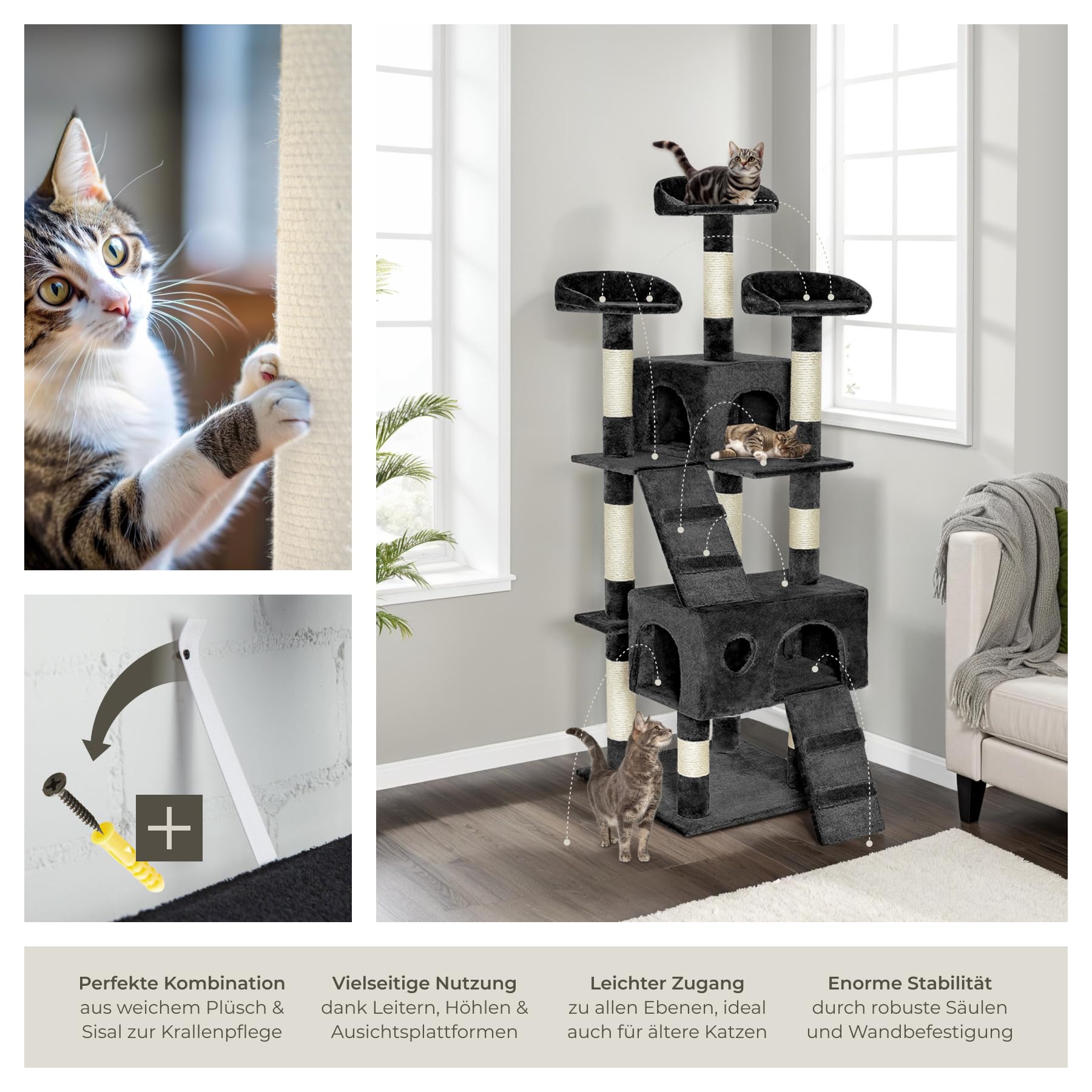 tectake® Katzen Kratzbaum Katzenbaum mittelhoch -Diverse Farben- (Schwarz)