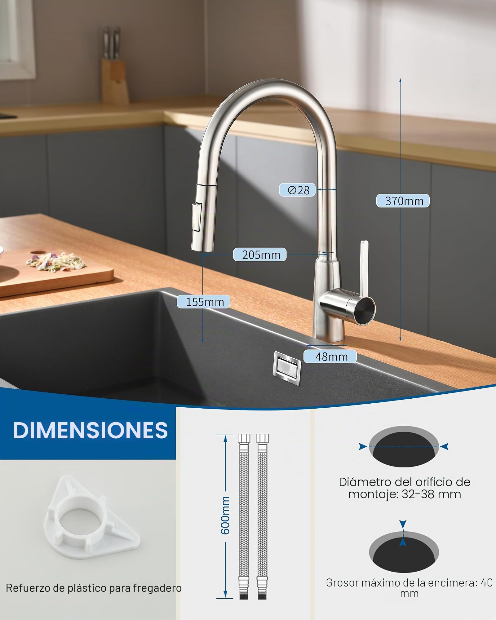 Grifo de Cocina con Ducha Extraíble, Mezclador para Fregadero de Alta Presión, Acero Inoxidable, Giratorio 360°, 2 Modos de Chorro, Grifo de Cocina Moderno