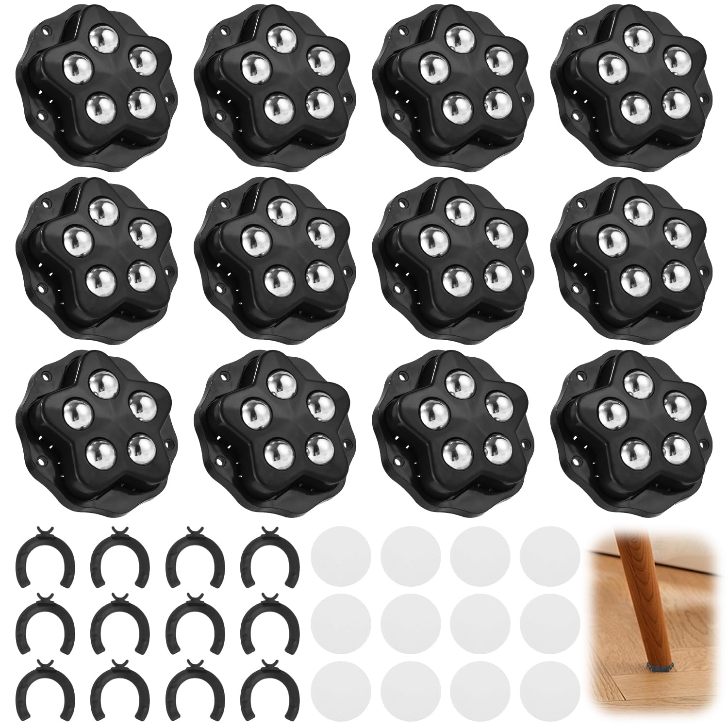 Rotelle per mobili pesanti – 12 pezzi ruote a 5 sfere, capacità 300KG, 360° rotelle girevoli, autoadesive & a vite, per mobili, valigie, elettrodomestici, vasi (Nero)