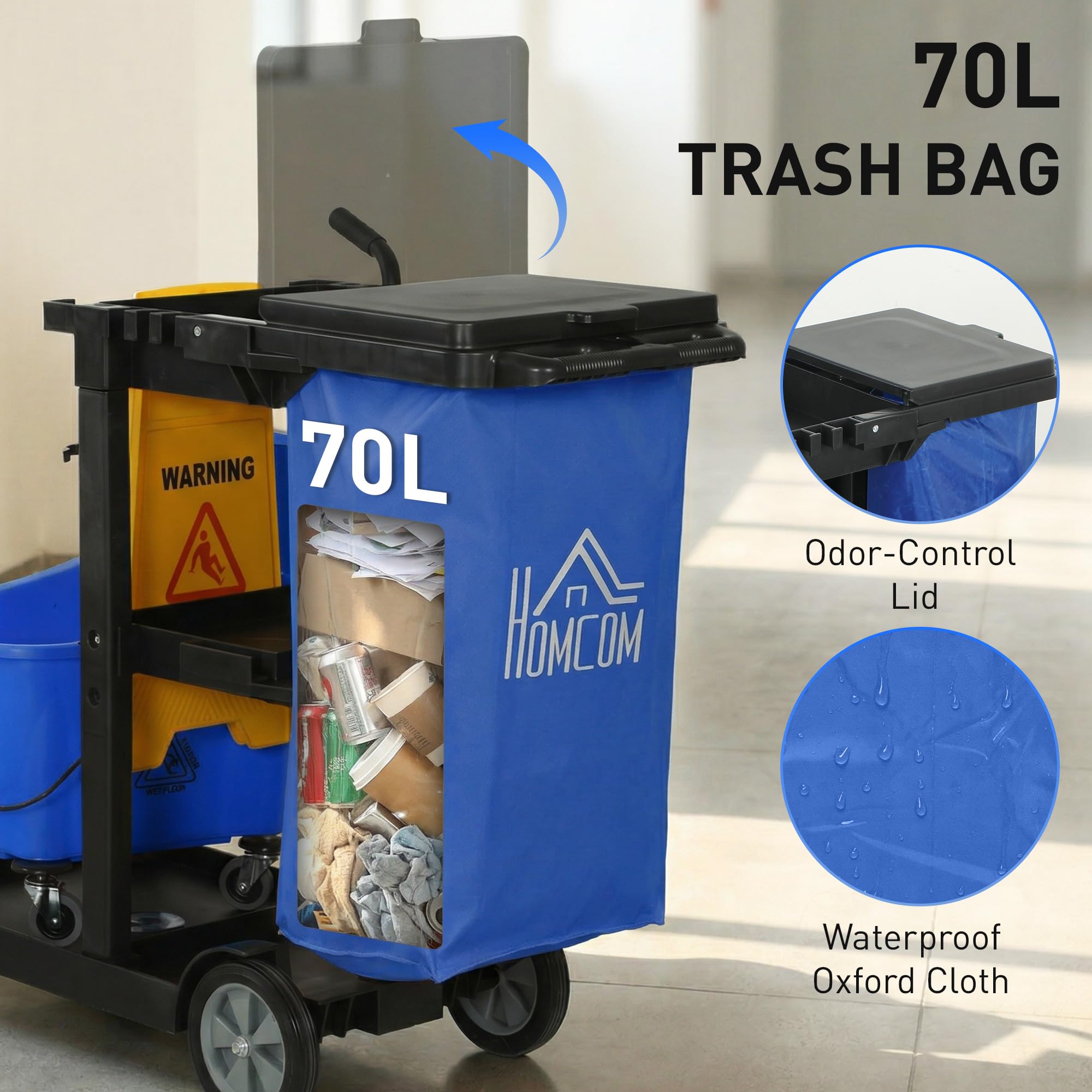 HOMCOM Putzwagen Reinigungswagen 3 Ebenen 70 L Müllsack mit Abdeckung Rollen Moppeimer mit Presse Werkzeughaltern Warnschild 122x46,5x101 cm