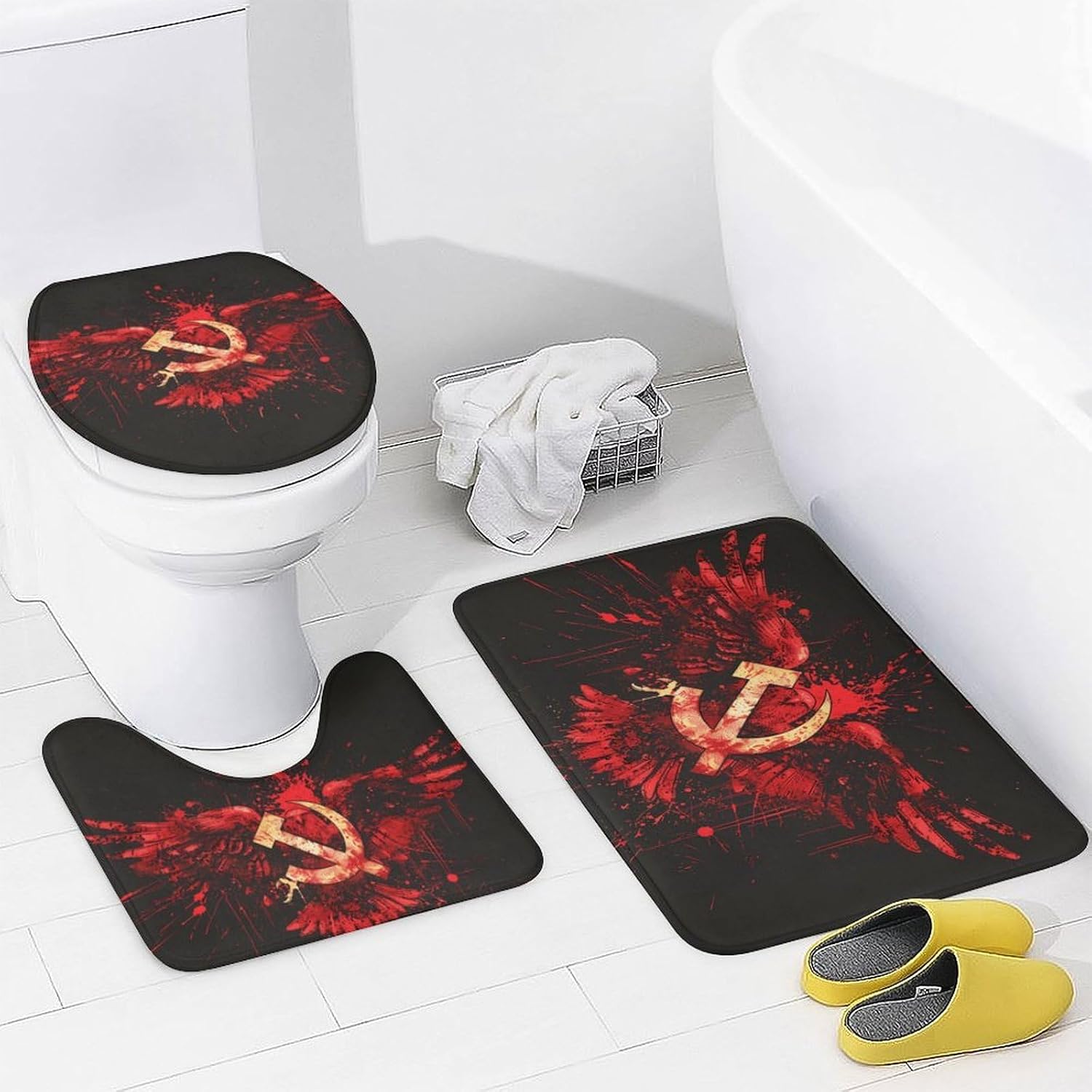 Russia Hammer Flags Hook USSR Sickle Bathroom Set with Shower Curtain Rugs Toilet Lid Cover and Floor Mats 4 Piece