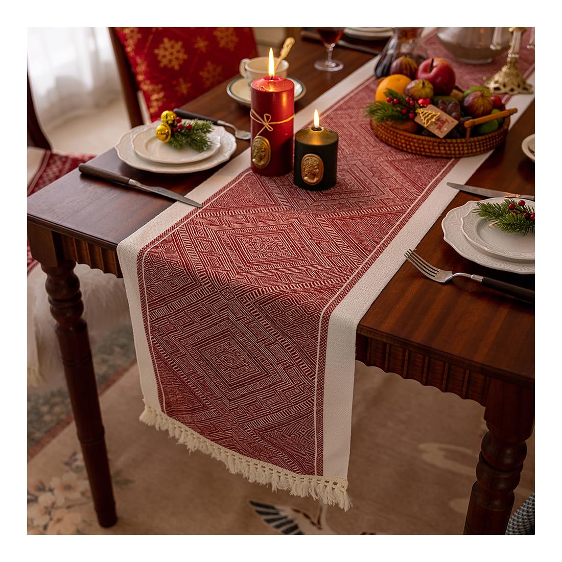 NIUSABOU Kitchen Dining TableDecoration, Red Rustic Table Runner Farmhouse Style 35x120-350cm(C,35x160cm(13.7x62.9in))