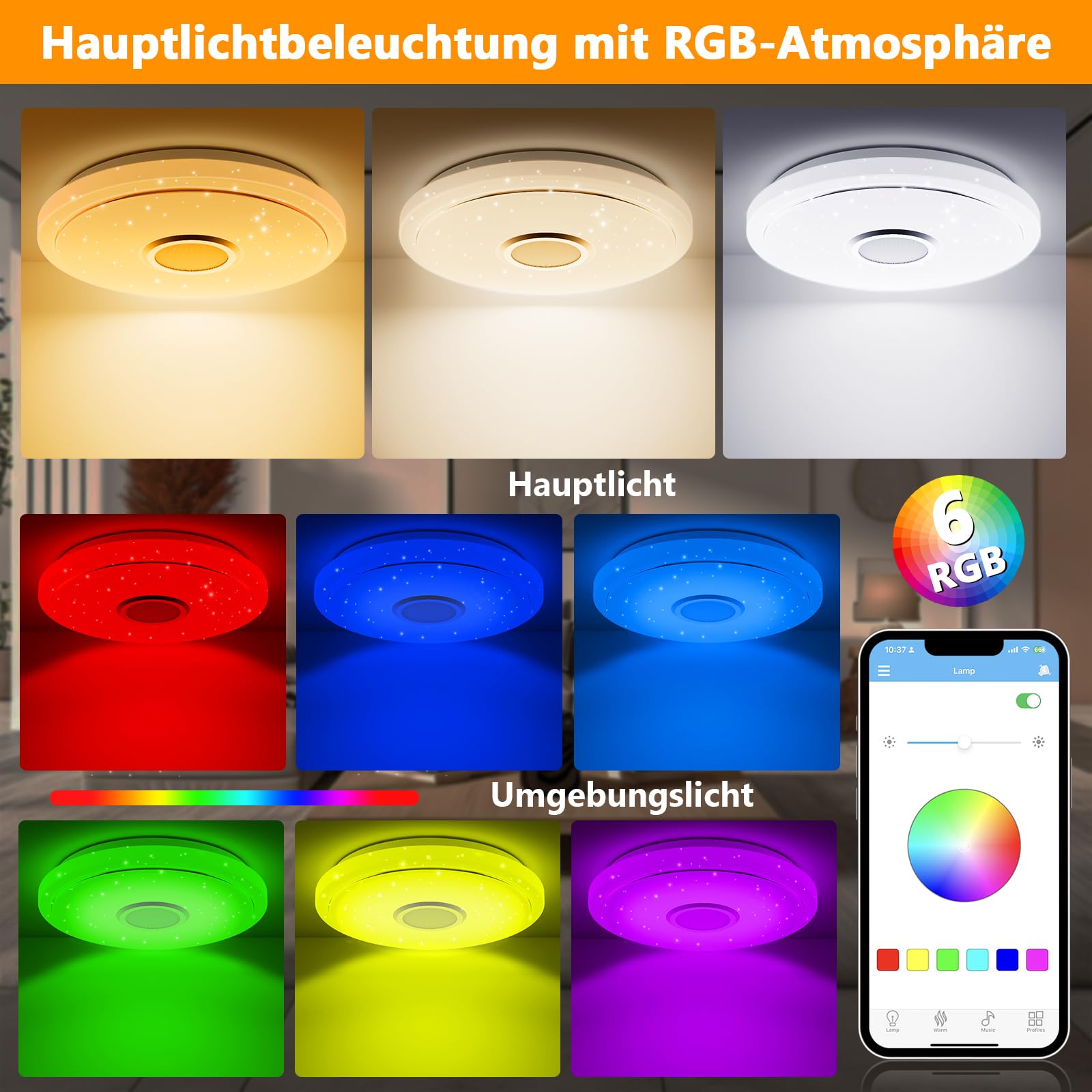 Zemty Plafoniera LED RGB 30cm Con Altoparlante Bluetooth E Telecomando - 24W, Dimmerabile, Controllo APP, Per Cameretta E Soggiorno - 3