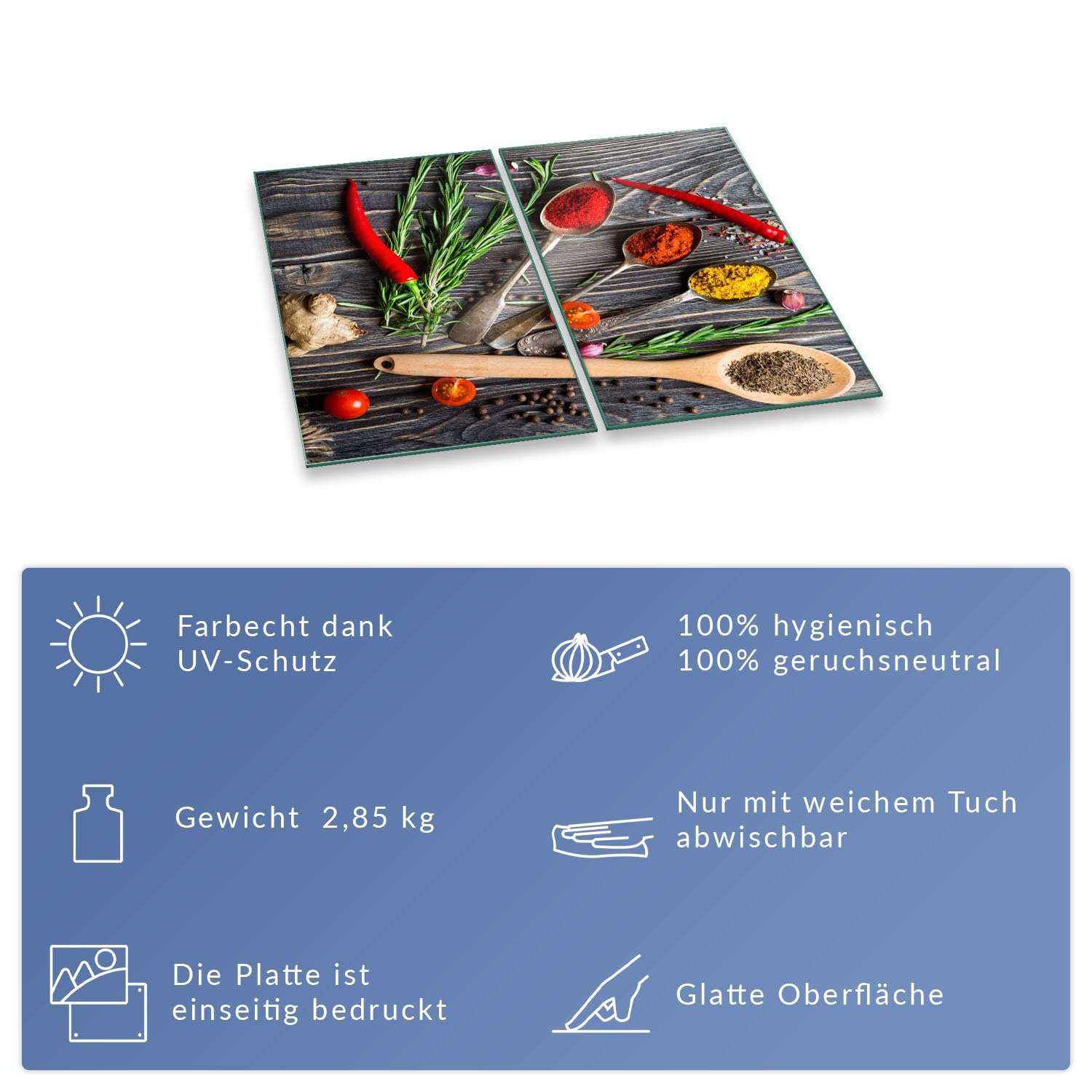 Herdabdeckplatte Abdeckung Ceranfeld Abdeckplatte Schneidebrett 2-Teilig 60x52 Gewürze Mehrfarbig Spritzschutz Glasplatte Ceranfeldabdeckung Schutz Herdschutz Sicherheitsglas Glasschneidebrett 2x30x52
