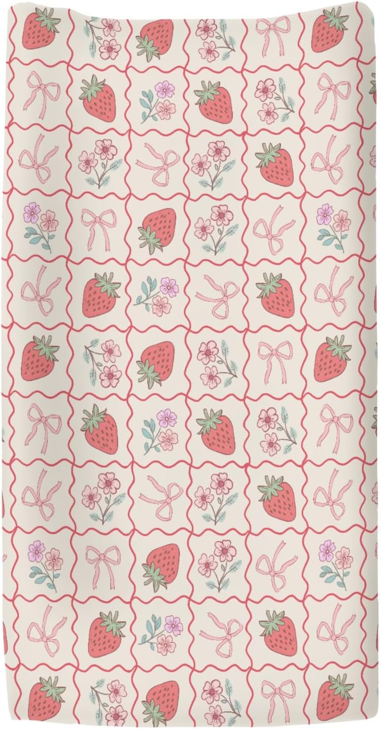 Boho Strawberry Flowers Baby Changing Pad Covers for Boys Girls Strawberries Pink Bows Checkerboard Fitted Change Table Pad Covers Mats Pastel Summer Fruit Soft Diaper Changing Table Sheets 32''×16''